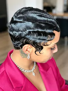 Short Finger Wave Pixie Cut Human Hair Wigs Layered Ocean Wave Full Machine Made For Women Daily Wear Natural Looking Wig