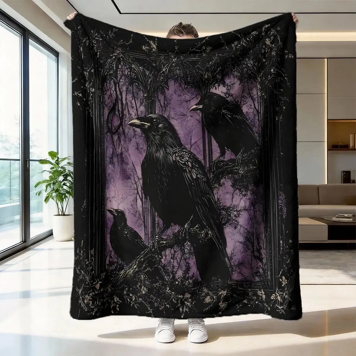 Dark Crow Blanket High-Weight Flannel Fabric, Soft Plush Touch, Warm Insulation, Anti-Wrinkle Easy Clean, Perfect Gift for Gothic Fans, Flannel Cozy Blanket, Heavy Weight Blanket, Blanket Gifts
