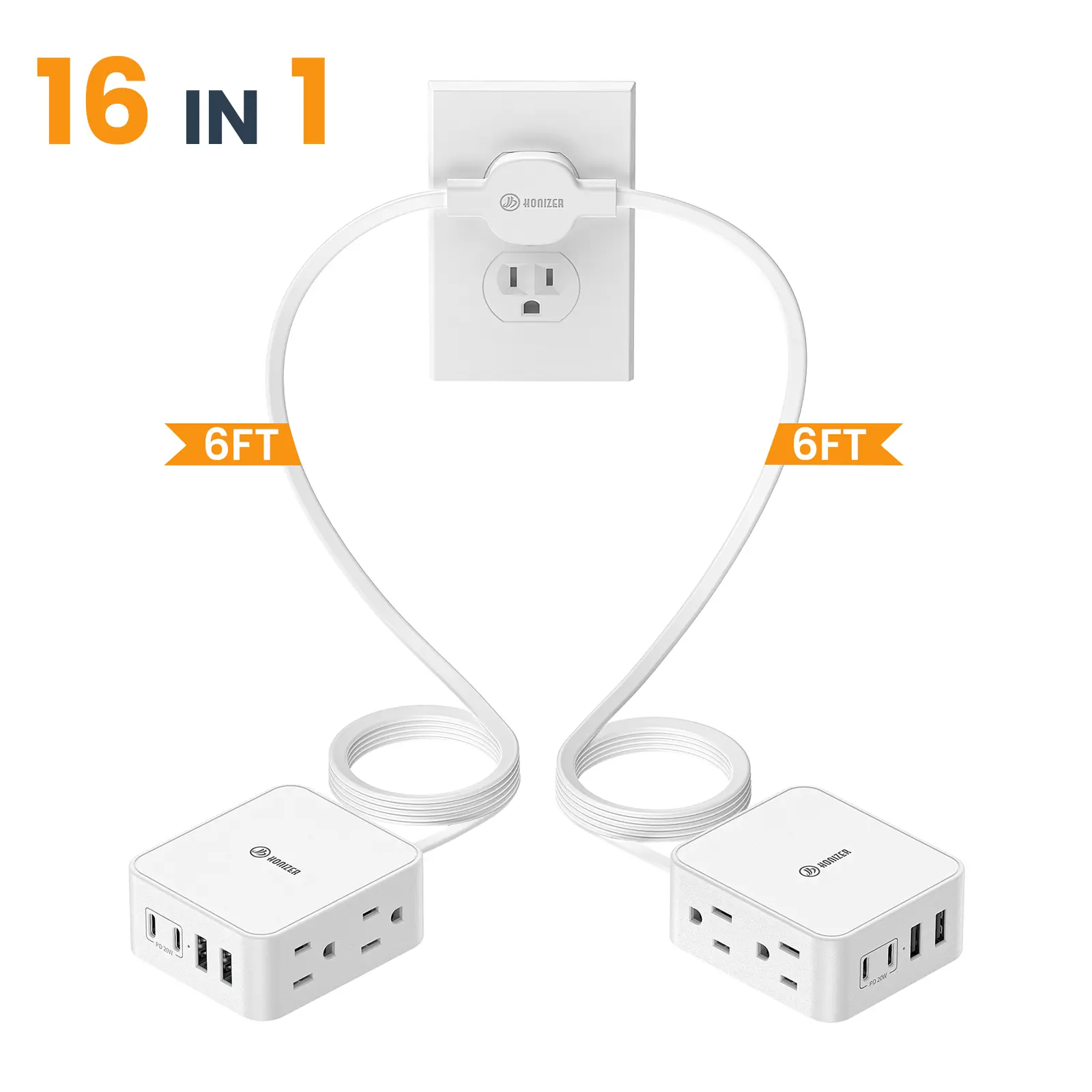 HONIZER Twin Extension Cord Splitter 12FT, Dual 6FT Cords, 8 AC Outlets & 8 USB Ports, 20W USB-C Fast Charging, Flat Plug Power Strip for Both Sides of Bed, Sofa, Dorm & Office