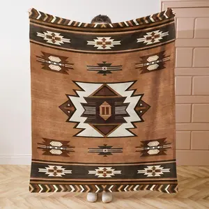 Western Style Retro Pattern Print Flannel Blanket, 1 Count Soft Comfortable Throw Blanket, Bedding Supplies for Home Bedroom Sofa Office Camping