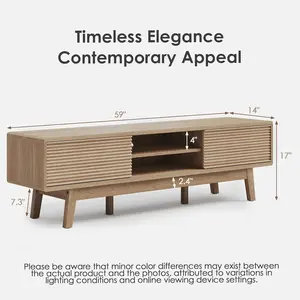 59" TV Console, Mid Century Modern Media Console for 55/60/65 Inch TV, Low Profile TV Stand with Fluted Sliding Doors, Boho Light Wood Credenza for Living Room, Oak