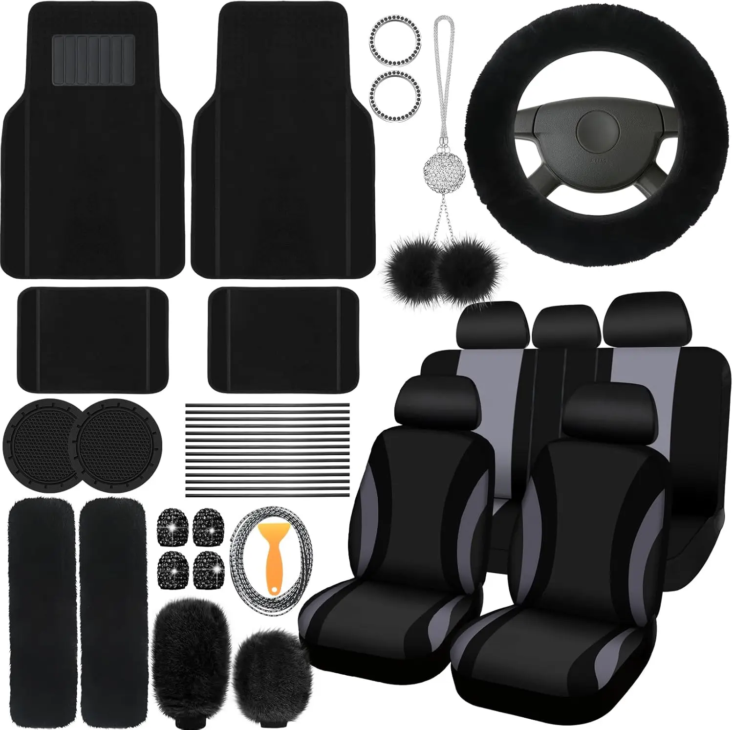 Car Interior Kit - Vehicle Synthetic Stretch-Fit Full Set, Fluffy Front & Rear Seat Covers, Steering Wheel Cover, Seat Belt Accessories, Automotive Floor Mats, Decorative Air Conditioner Strip (Black), Decorative Accessories
