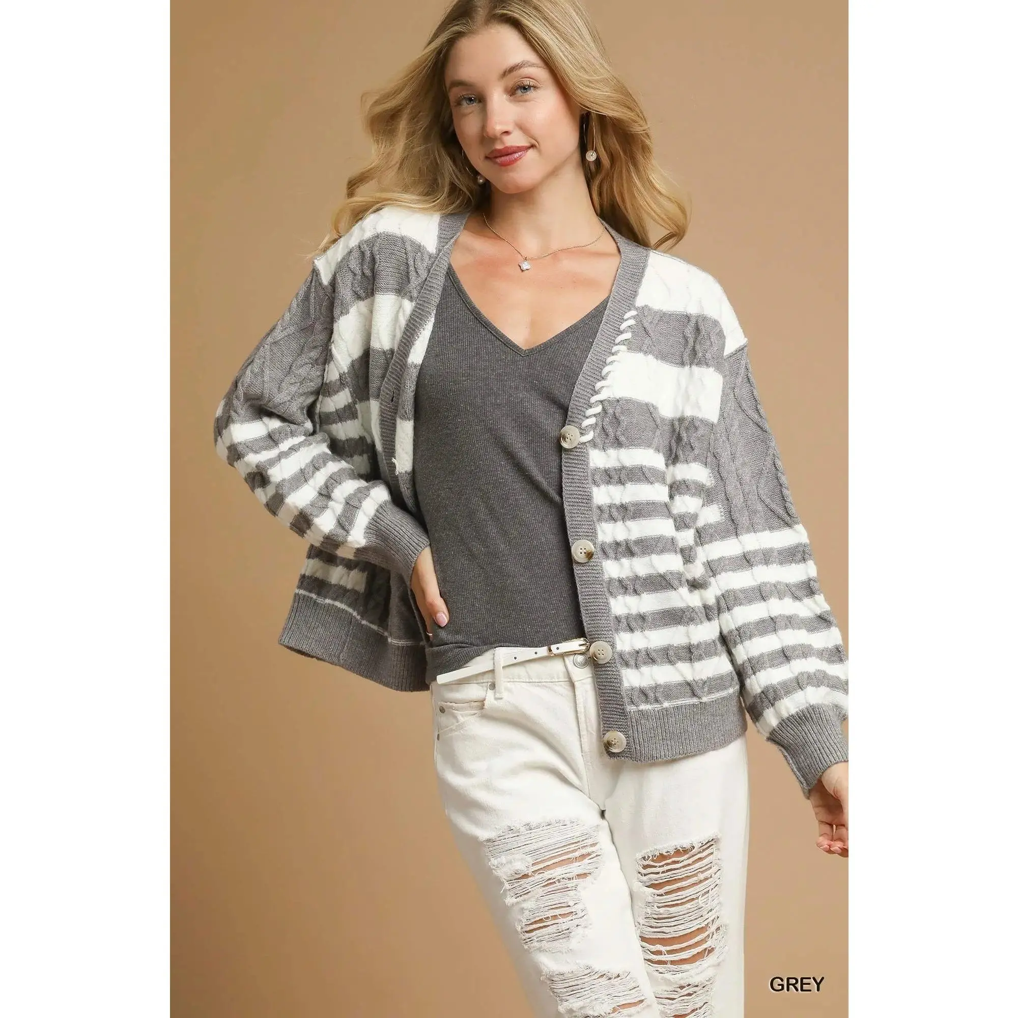 Umgee Cable-Knit Stripe Button-Up Cardigan