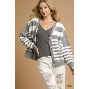 Umgee Cable-Knit Stripe Button-Up Cardigan