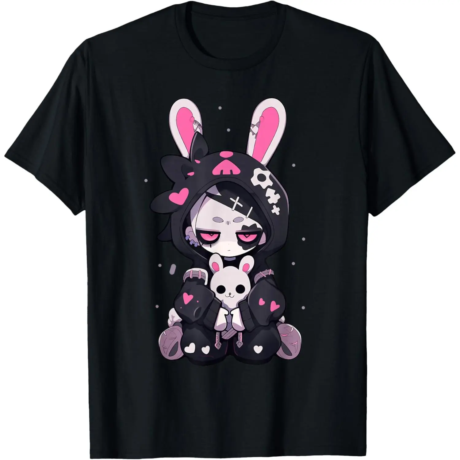 Gothic Graphic T-Shirt with Goth Bunny Anime Print, 100% Cotton Round Neck Short Sleeve Tee, Grunge E-Girl Streetwear Top for Women