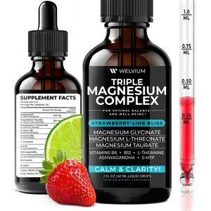 WELVIUM Triple Magnesium Liquid - 200mg Glycinate, 200mg Taurate & 100mg L-Threonate with Ashwagandha, 5-HTP, B6 & B12 for Calm Sleep & Muscle Support - Strawberry Lime Flavor Healthcare Natural Fitness Vitamin Supplement Dietary Edible Bathroom Calcium