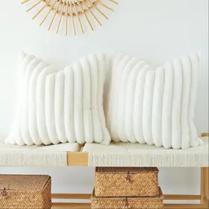 2 Counts Solid Color Faux Fur Throw Pillow Cover, Soft Comfortable Comfy Cozy Feeling Striped Decorative Cushion Cover without Filler, Household Decoration Supplies for Home Living Room Sofa Couch