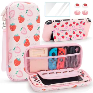 Strawberry Pattern Game Console Storage Bag, Game Console Protective Case with Rocker Cap & Protective Film, Console Accessories for Nintendo/OLED Switch Cover, Zipper Pouches