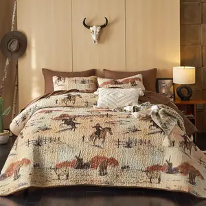 - Western Quilt Set, Cowboy Southwestern Country Vtage   Rustic Ranch Life, Reversible Lightweight Bedspread Coverlet, 3 count, Ochre Brown, /Full Size