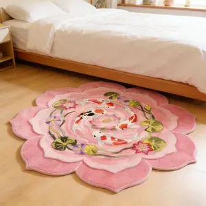 Korean Style Ins Living Room Carpet Pink Green Koi Lotus Bedroom Decoration Bedside Rug Fluffy Soft Lounge Non-slip Carpet New Chinese Style Cloakroom Plush Carpet Flower Shape Bathroom Door Washable Floor Mat Fluffy Area Rug Decorative Rug Super Soft Rug