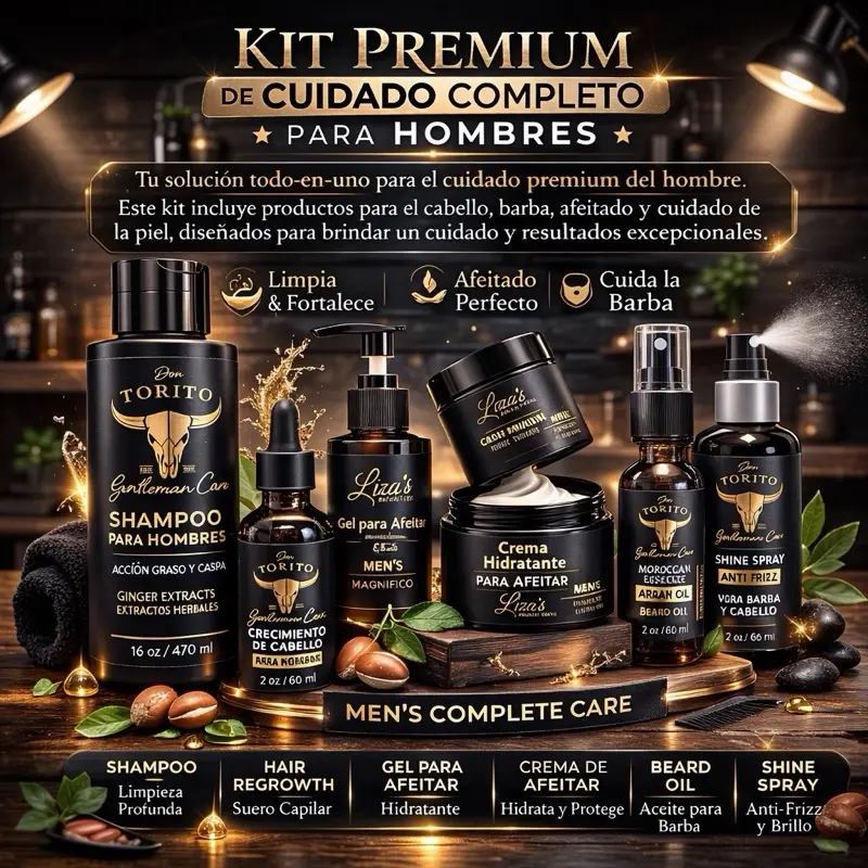 Don Torito Premium Gentleman Care Kit for Hair Beard Skin Complete Care Shampoo Gel Aftershave Cream Beard Oil Shine Spray Men's Complete Care