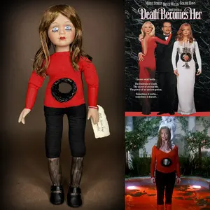 #49 Death Becomes Her  Helen Sharp Movie Character Doll by Erika's Emporium one-of-a-kind handmade doll features iconic hole-through-the-body detail, hand-tagged, signed, and numbered, unique collectible for fans of dark art and cult movie memorabilia.