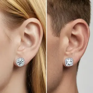 【Buy one get one】4-Piece Halo Zircon Stud Earring Set for Women – Gold & Silver Two-Tone-Luxury Round & Square Halo Cubic Zirconia Earrings – Hypoallergenic, Includes Ear Backs & Gift Box. Perfect Elegant Gift for Her.-Ideal birthday, anniversary