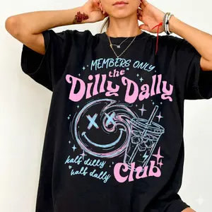 Dilly Dally Club Sarcastic Humor Comfort Colors Vintage Washed Graphic T-Shirt Oversized Heavyweight Cotton Funny Retro Tee Womens Unisex