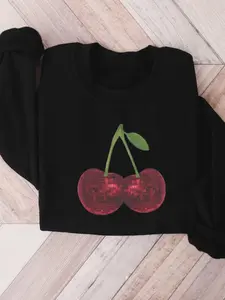 Women's Cherry Print Crew Neck Sweatshirt, Fashion Casual Long Sleeve Pullover for Fall & Winter, Women's Clothes for Daily Wear