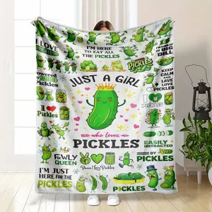 Funny Pickle Cartoon Flannel Blanket Cute Pickles Pattern with Whimsical Green Cucumber Design Soft Cozy Lightweight Warm Fleece Throw for Sofa Office Camping Picnic Gift Home Décor Lounge Bedroom