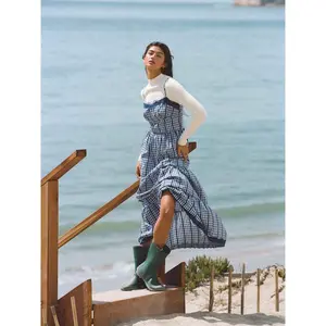 Cider Cotton-blend Gingham Lace Trim Tiered Shirred Maxi Dress