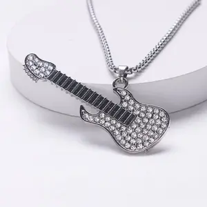 Unique Musical Instrument Guitar Necklace for Men and Women, Trendy Hip-Hop Long Full Diamond Necklace Pendant Accessory