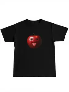 Graphic Print T-Shirt 'quirky Apple' for Casual Wear, Soft Cotton Fabric, Fitted Long Length, Perfect for Tiktok Home Style & Daily Comfort