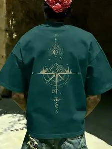 New Men's Casual Short Sleeve T-Shirt, Compass Mountain Outdoor Print, Comfortable Breathable Fit, Perfect Gift for Friends