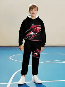 Boys' Fashion 3D Print Casual Pullover Sweater Hoodies Set, Long Sleeve Silk Fabric, Regular Fit, Suitable for Ages 5+, Fall & Winter Wear