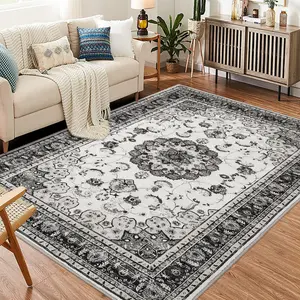 【GARVEE】Washable Vintage 5x7 Area Rug for Living Room, 5x7 Traditional Oriental Medallion Floral Design Rugs for Bedroom, Stain Resistant Indoor Print Carpet for Dining Room Entryway Office, Grey