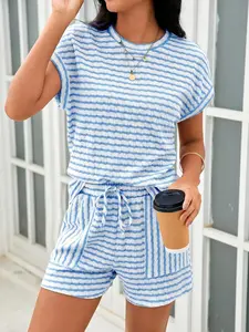 2026 Women’s Striped Knit Set 2 Piece Outfits Sweatsuits  Pajamas Casual Lounge Sets  with Pockets Soft Breathable Fabric Casual Wear