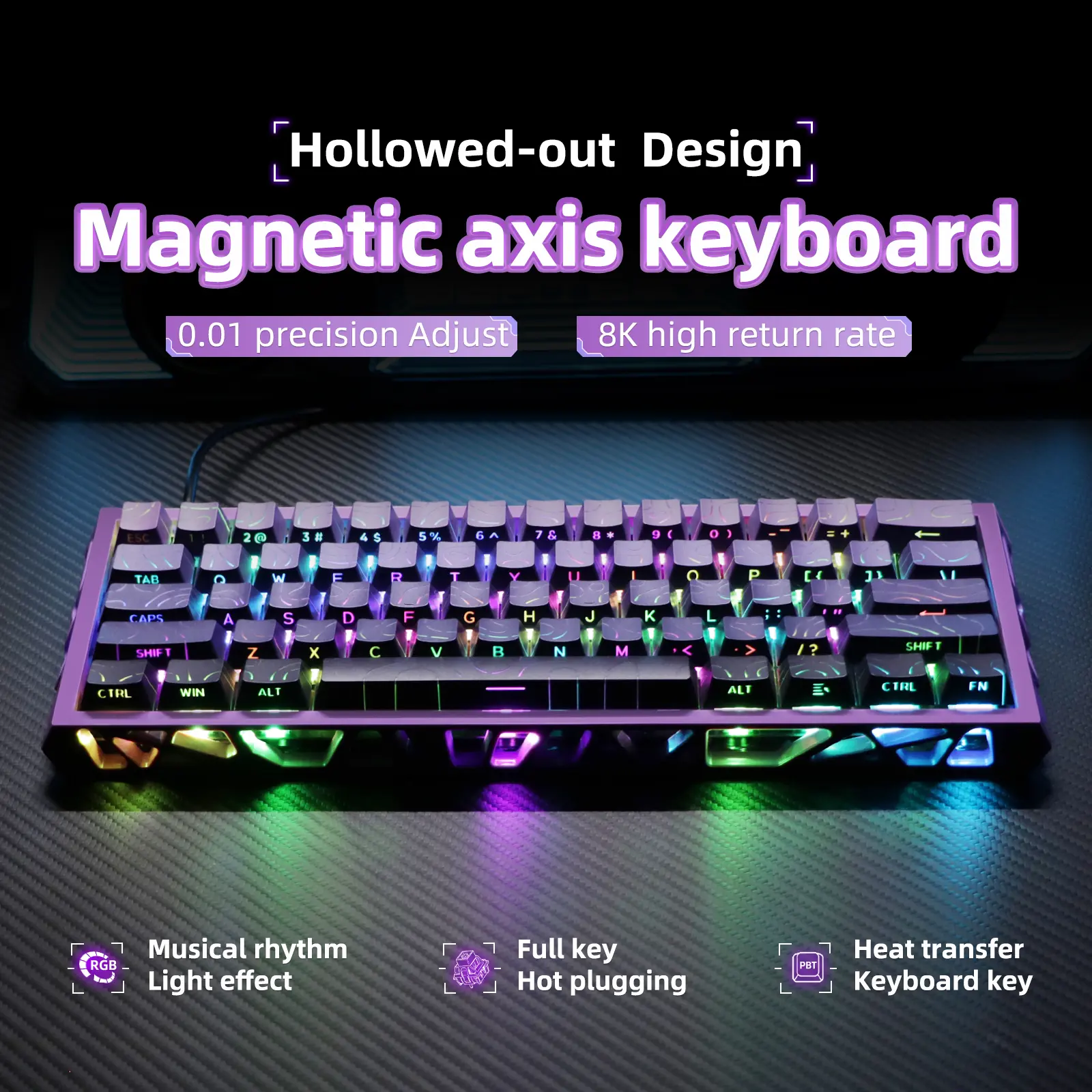 KAVLORN NC/NJ 61-Key Cutout Magnetic Switch Mechanical Gaming Keyboard, Full-Keyset Hot-Swappable, 17-Color ARGB Lighting, PBT Keycaps, 0-3.5mm Adjustable Actuation, Light Up Keyboard for Gaming & Work