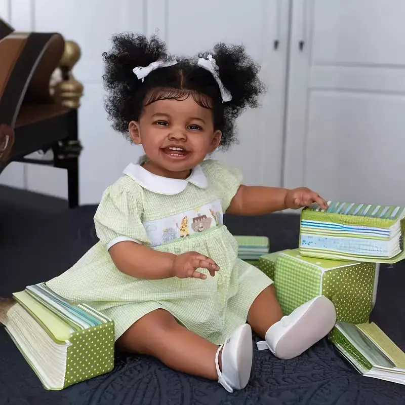 24Inches Sweet Smiling Rooted Curly Hair Lifelike Reborn Baby Girl Dolls that Look Real and Feel Real, Realistic Newborn Toddler Collectible Art Doll in Dark Brown Skin