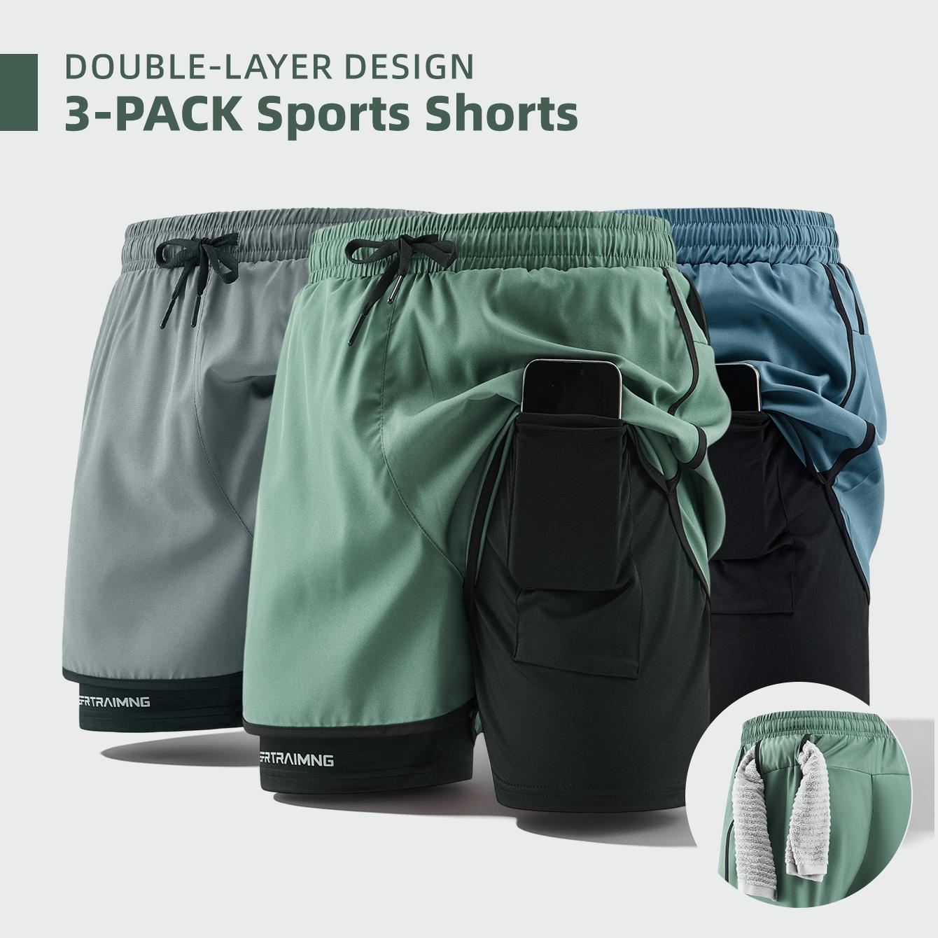 Men’s 3-pack double-layer faux two-piece running shorts with phone pocket and towel loop; quick-drying, breathable, anti-exposure design; lightweight and comfortable; versatile for running, fitness, basketball training, everyday commuting.