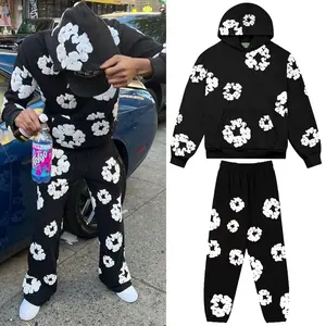 Denim Hoodie Tracksuit 2 Pieces Unisex Y2K Running Clothing Long Sleeve Hoodie Denim TtearsSweatshirt, Denim TersHoodie and Pants