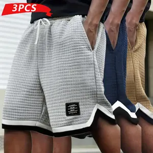 Plus-size shorts, 3-pack men’s plus-size casual plaid knit shorts with color-block design, drawstring, multiple pockets — breathable polyester waffle fabric, summer outdoor shorts, a great gift for men