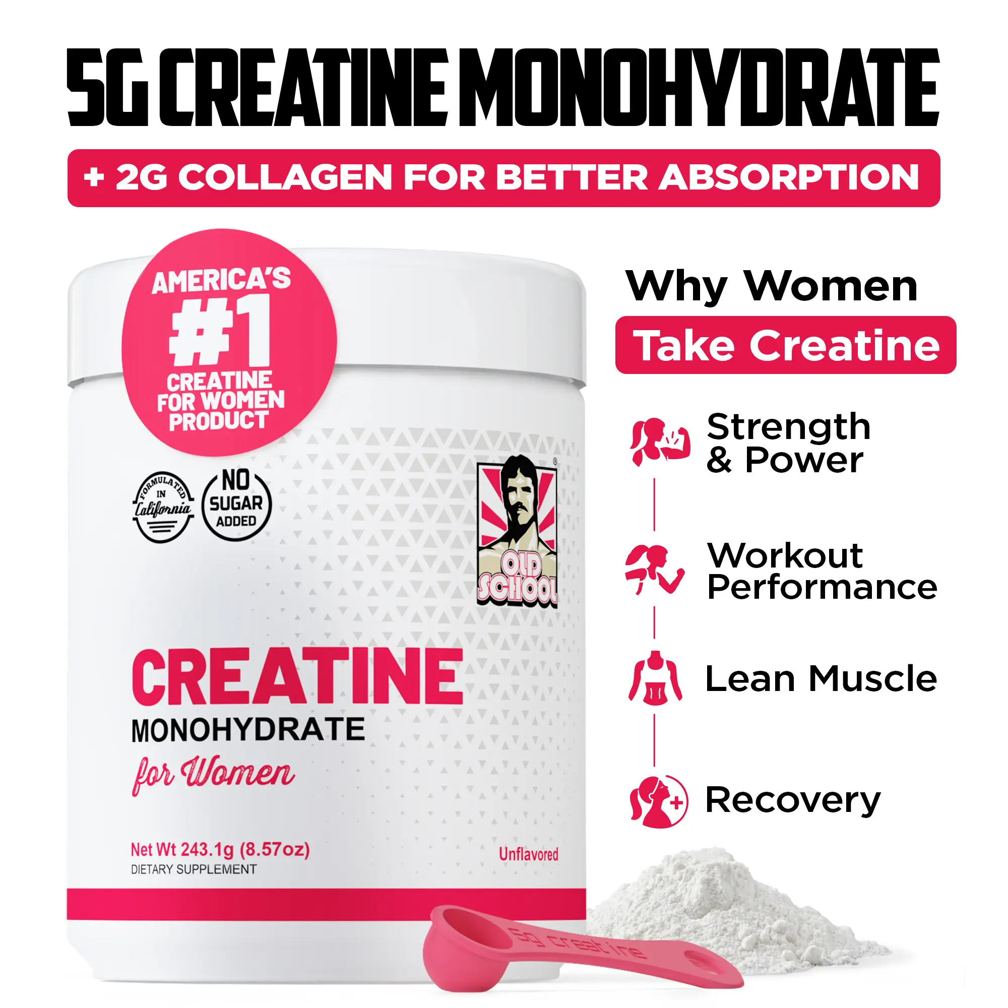 Creatine Monohydrate for Women with Collagen and BCAA's - Fitness Supplement Powder for Muscle, Healthy Hair, Skin, Nails and Recovery Creatine Monohydrate for Women with Collagen and BCAA's - Fitness Supplement Powder for Muscle, Healthy Hair, Skin, Nails and Recovery