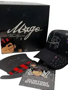 (FULL SET) Thirty One Hats Mago Universe Black Snapback Cap, Rhinestone A Logo Streetwear Baseball Hat, Distressed Curved Brim, Adjustable Fit for Men Women