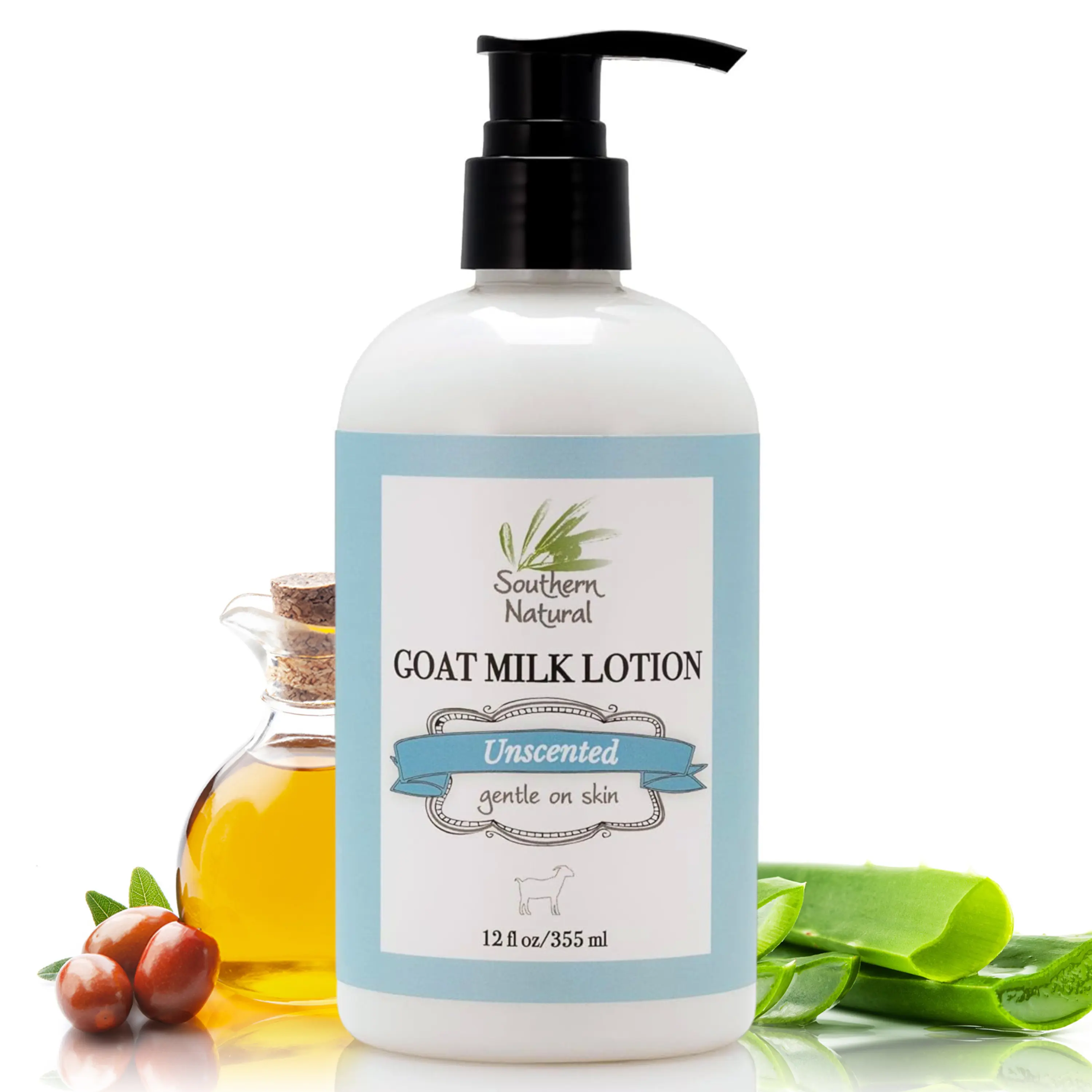 Southern Natural Unscented Goat Milk Lotion (12 oz) – Face and Body Moisturizer for Dry, Sensitive Skin – Daily Moisturizing Skincare and Hand Cream – Gentle, Hydrating Blend with Aloe, Jojoba - Smooth Fragrance-Free Formula for Comfort and Moisture