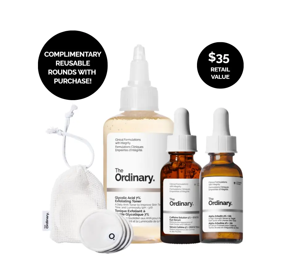 The Ordinary The Bright Set, 3-Step Regimen for Radiant, Even Skin Tone with Glycolic Acid 7% Exfoliating Toner, Alpha Arbutin 2% + HA, and Caffeine Solution 5% + EGCG | Skin Care Set