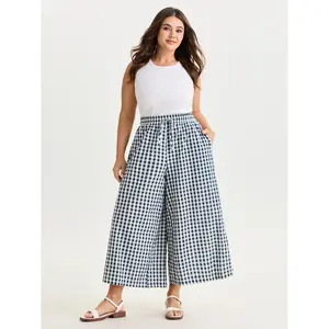 BLOOMCHIC Plus Size Cotton Checkered Print Wide Leg Pants [M-6X]2026 Summer Vibes