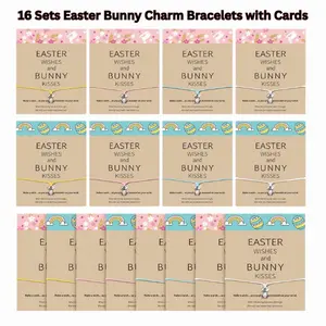 16 Sets Easter Bunny Charm Bracelets with Cards, Stainless Steel Adjustable Rabbit Bracelet Jewelry, Easter Gifts for Women Girls, Easter Basket Stuffers, Bunny Wishes Party Favors