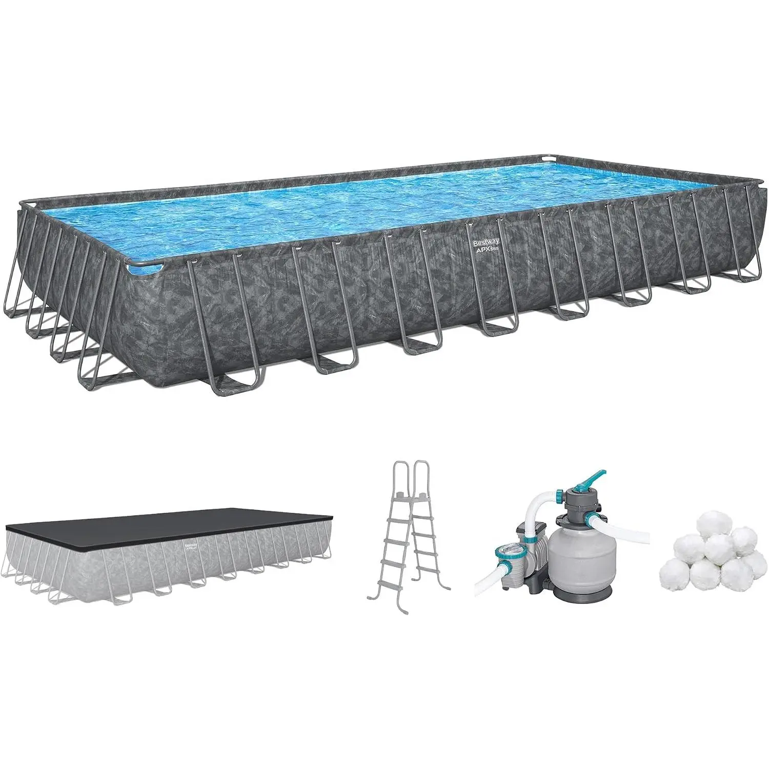 Bestway APX 365 31’4" x 16' x 52” Above Ground Pool, Rectangular Metal Frame Outdoor Swimming Pool Set with Sand Filter Pump, Ladder, and Cover, Dark Marble