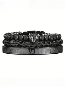 Men's 3pc Braided Bangles Bracelets Set, Hip Hop Style Pave Cz Animal Design, 316L Stainless Steel Jewelry, All-Season Wear