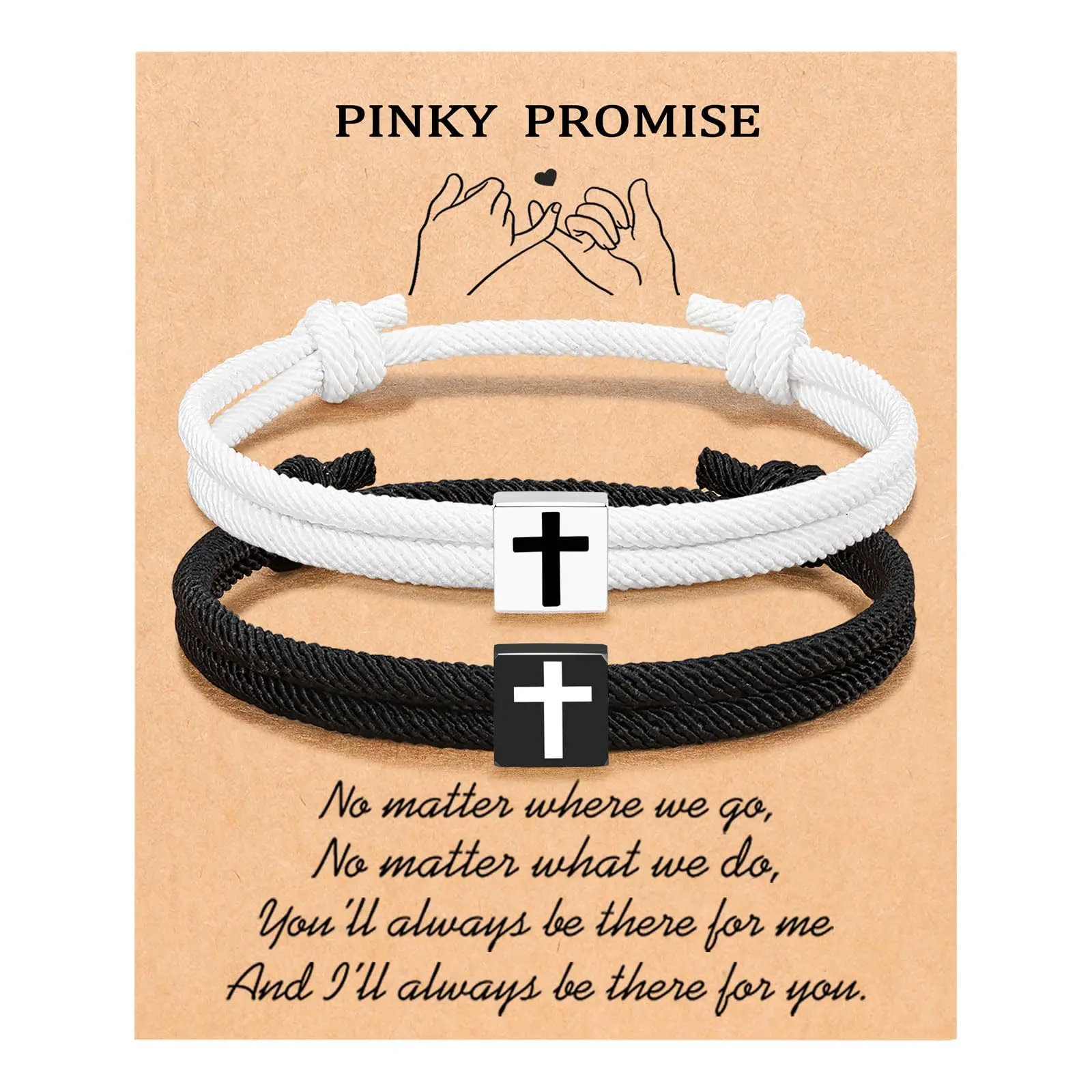 2Pcs Matching Pinky Promise Bracelet Wristband Set for Couples, Handmade Braided Rope Jewelry with a Stainless Steel Cross Charm, Adjustable Size, Bracelet Sets, Valentine