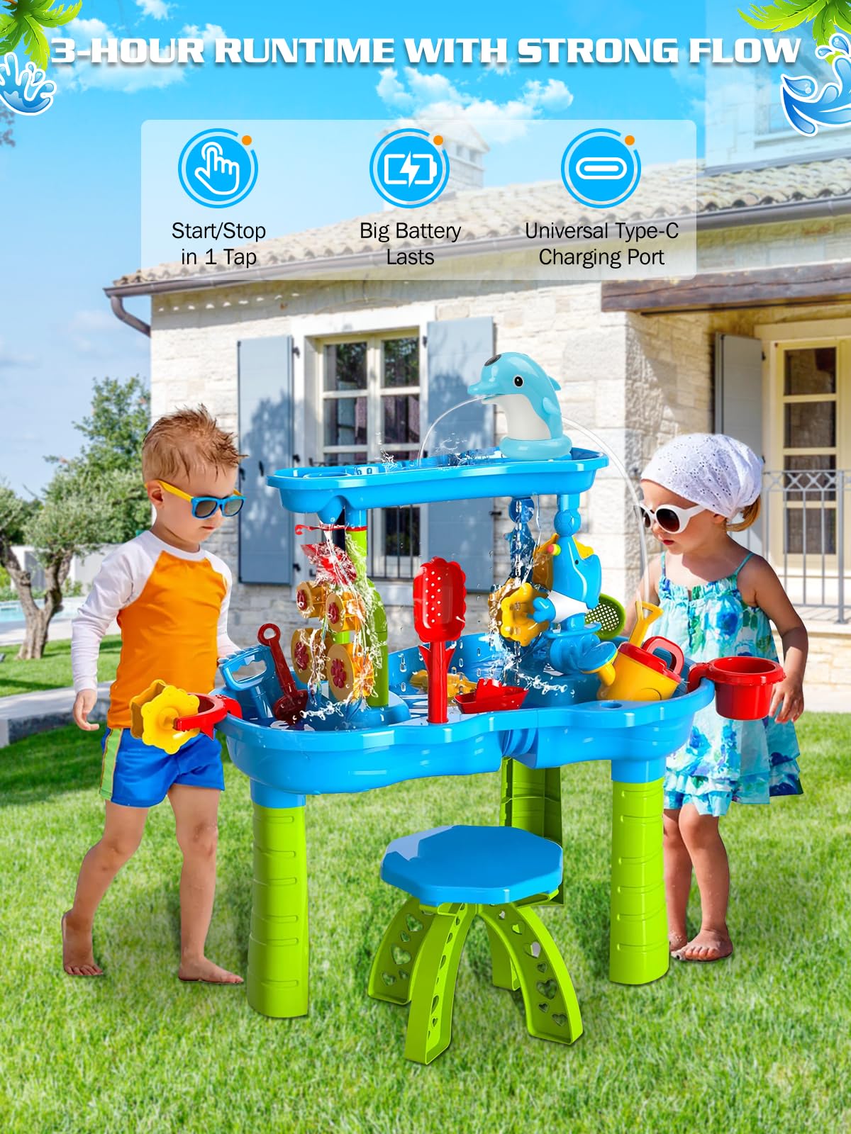 （Pump only）Dolphin Water Table Pump with Magnetic Base No Drill 3H Runtime Continuous Flow Rechargeable for Step 2 for Kids Outdoor Water Play Toys Stable Water Fun Accessories Blue​