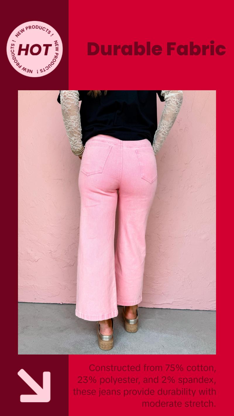 Visiting Italy Pearl Embellished Wide Leg Jeans-Pink