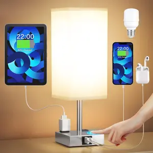[Upgraded]Bedside Table Lamp Touch Control, with USB C+A Charging Ports & Dual AC Outlets, 3-Way Nightstand Lamp for Bedroom with LampShade Living Room Office(LED Dimmable Bulb Included)
