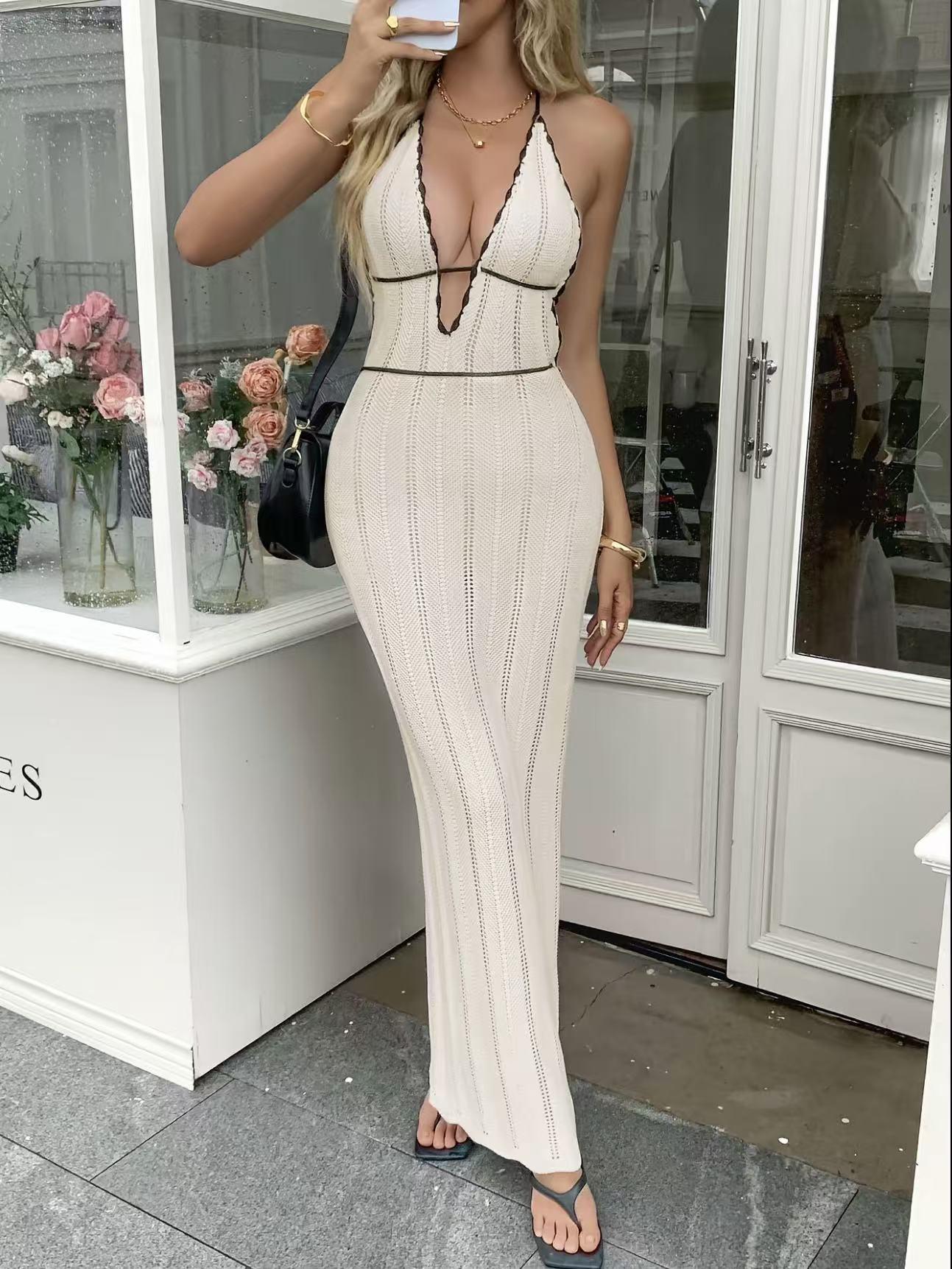 Summer Y2K Women Sweater Dresses Halter Neck Backless Knit Maxi Dress Waist Cinched Boho Beach Vacation Festival Resort Wear Casual