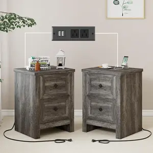 Amerlife Nightstand Set of 2 with Charging Station, Farmhouse End Table with 2 Drawers Storage Cabinet for Bedroom, Living Room, Office,Best Gift Ideas/Christmas Gifts