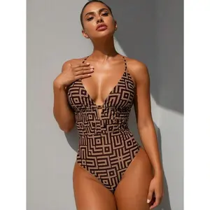 Women's Halter Swimsuit Sexy Geometric Print One Piece Bathing Suit Removable Padded Swimwear For Teens Girls Athletic Training