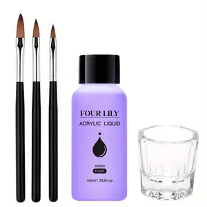 5Counts/Set FOURLILY Acrylic Monomer Liquid for Nail Extensions with Glass Cup & 3pcs Brush, Acrylic Nails Kit, Long-Lasting, No Fragrance, Quick for Nail Extension, Easy to Apply, Salon-Quality Results, Perfect for Nail Artists And Enthusiasts