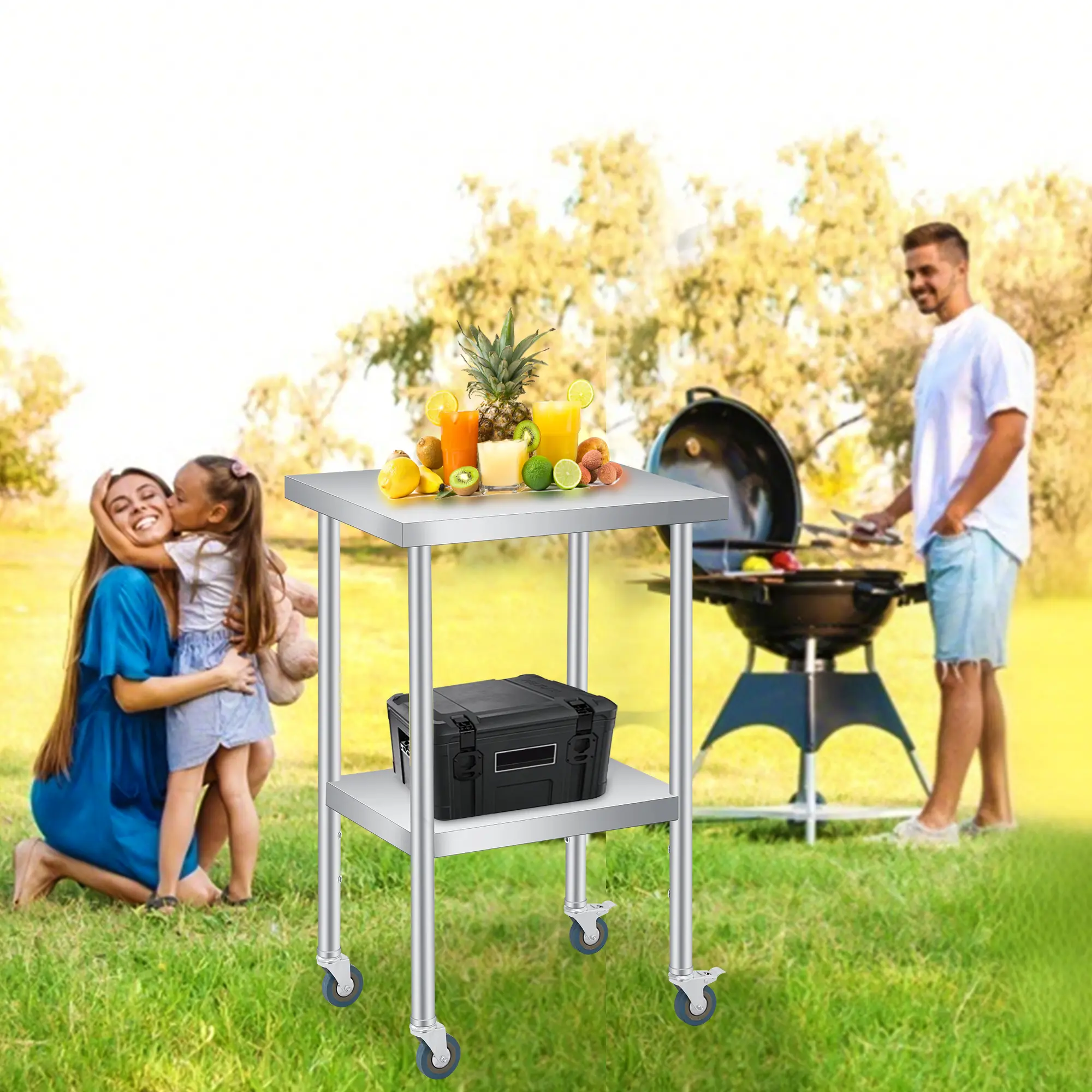 Heavy Duty Stainless Steel Outdoor Side Table - 2-Tier Rust-Resistant Patio Workstation with Adjustable Undershelf, Easy-Clean Multipurpose Table for Outdoor Kitchen, Garden (18*24*35in/18"x24"x35")