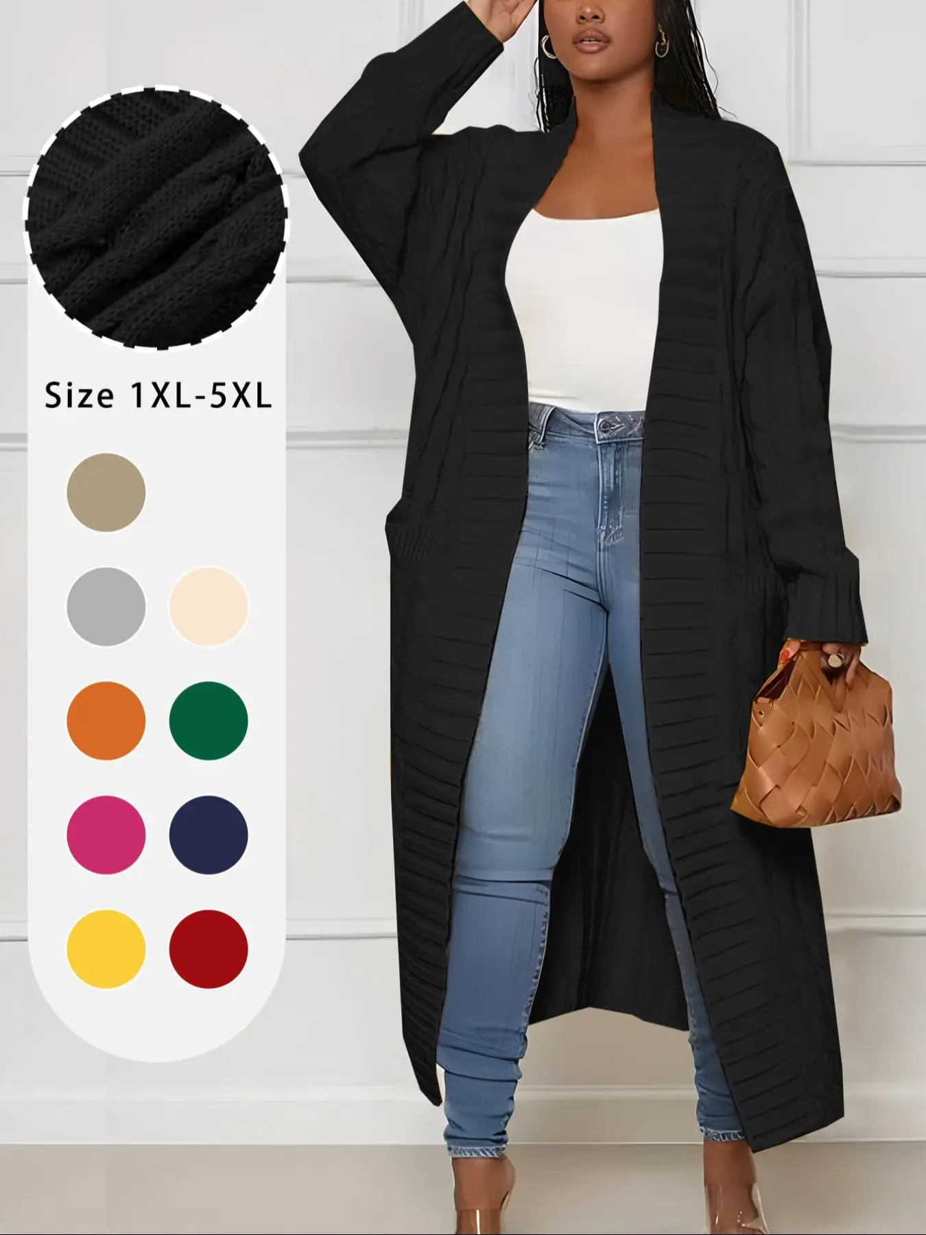 Plus Plain Textured Drop Shoulder Cardigan, Casual Long Sleeve Pocket Coat for Women, Women's Plus Clothing for Spring & Fall